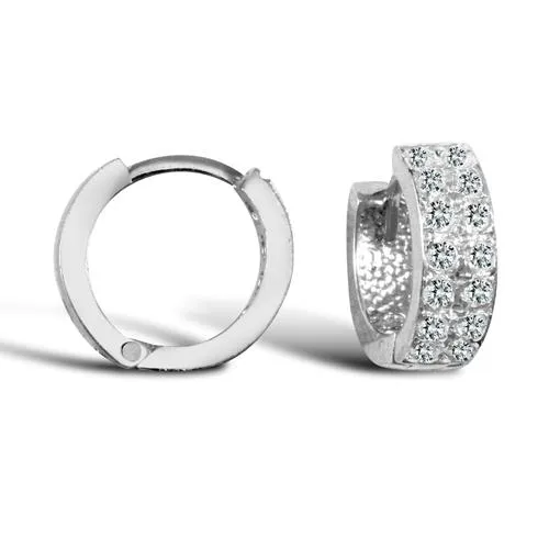 9ct White Gold Double Row Grain-Set Round CZ Huggie Hoop Earrings 4mm